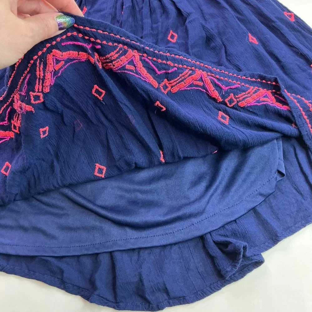 Sapna Kids Navy Blue Embroidered Sun Dress Girls Sz 8 Neon Pink Boho Adjustable